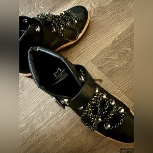 Marc Fisher Black Leather Lug Sole Ankle Boots with Tan Trim